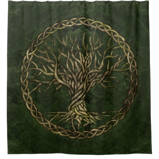 Levensboom - Yggdrasil - groen en goud Douchegordijn (Voorkant)