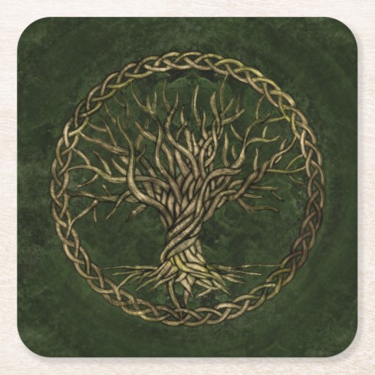 Levensboom - Yggdrasil - groen en goud Kartonnen Onderzetters (Voorkant)