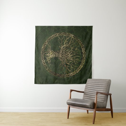 Levensboom - Yggdrasil - groen en goud Wandkleed (In Situ (horizontaal))