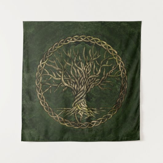Levensboom - Yggdrasil - groen en goud Wandkleed (Voorkant)