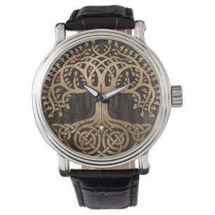 Levensboom - Yggdrasil - Houthak en goud Horloge