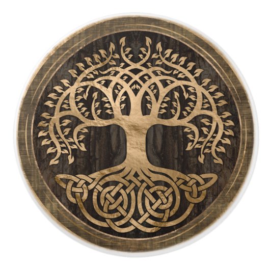 Levensboom - Yggdrasil - Houthak en goud Keramische Knop (Voorkant)