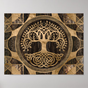 Levensboom - Yggdrasil - Houthak en goud Poster