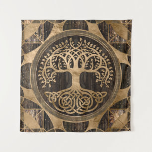 Levensboom - Yggdrasil - Houthak en goud Wandkleed