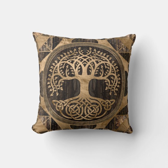 Levensboom -Yggdrasil - Houtschors en Goud Kussen (Voorkant)