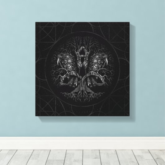 Levensboom - Yggdrasil met ravens Canvas Afdruk (Insitu (Houten vloer))