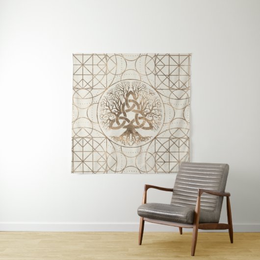 Levensboom - Yggdrasil met Triquetra Pastel Gold Wandkleed (In situ)