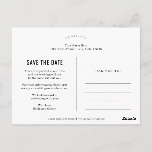 LEVENSDUUR EDITABLE KLOR Save the Date Briefkaart (Achterkant)