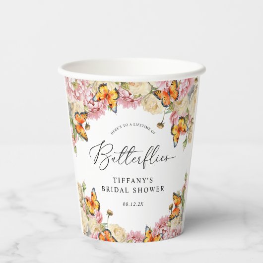 Levensduur van Vlinders Pioenrozen Bruidsfeest Papieren Bekers (Achterkant)