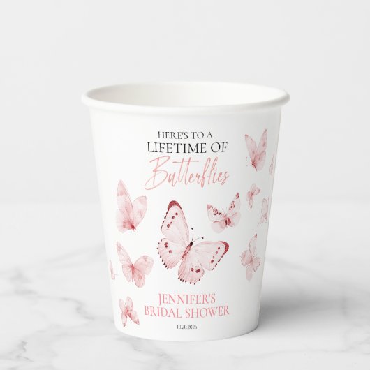 Levensduur van Vlinders Roze Blush Bruidsdouche Papieren Bekers (Achterkant)