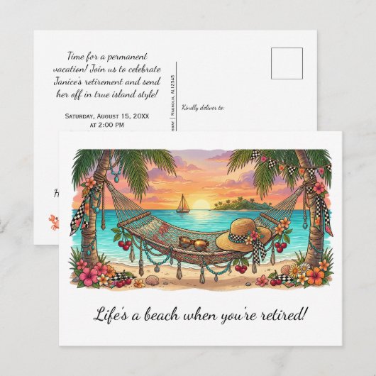 Levensfeest op het strand Pensioenfeest |  Briefkaart (Voorkant / Achterkant)