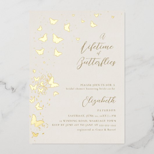 Levenslange Vlinders Ivoor Goud Chic Bruidsdouche Folie Uitnodiging (Voorkant)