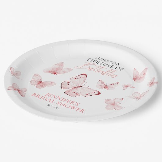 Levenslange Vlinders Roze Blush Bruidsdouche Papieren Bordje (Gekanteld)