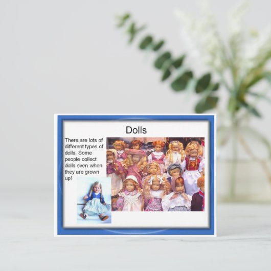 Levensmiddelen, speelgoed, poppen briefkaart (Staand voorkant)