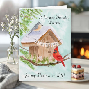 Levenspartner Gelukkige Januari Verjaardag Vogels Kaart