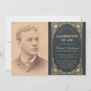 Levensviering Funeral Foto Vintage Blauw Goud Kaart
