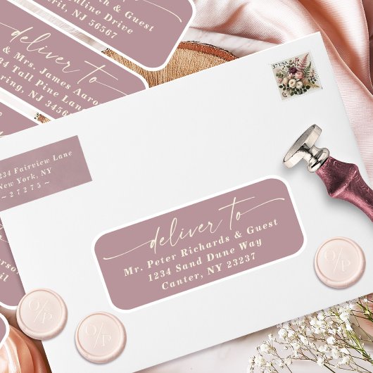 Lever aan script Stof Mauve Gastadreslabels Sticker