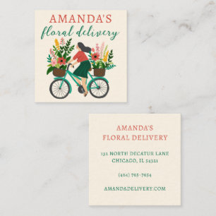 LEVERING Schattige Meisje Rijden Fiets w Bloemen Vierkante Visitekaartje