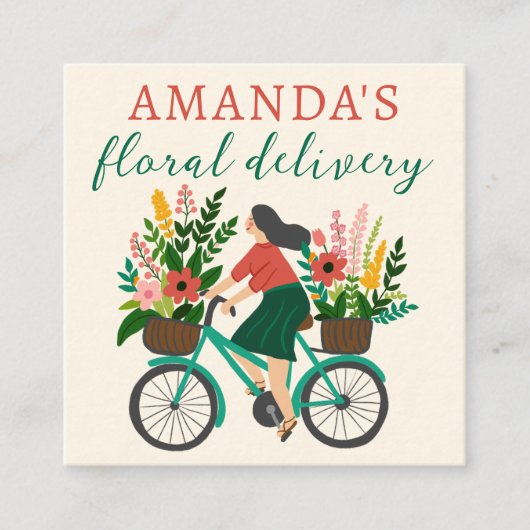 LEVERING Schattige Meisje Rijden Fiets w Bloemen Vierkante Visitekaartje (Voorkant)