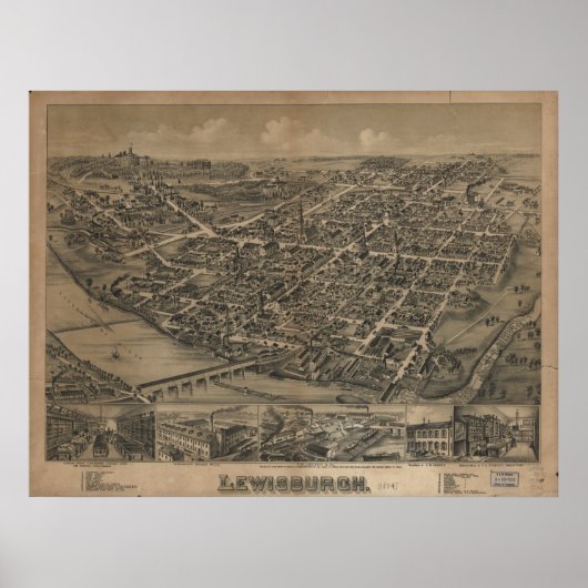 Lewisburg Pennsylvania 1884 Antiek Panorama Poster (Voorkant)