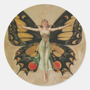 Leyendecker Butterfly Girl Vintage Art Deco Ronde Sticker