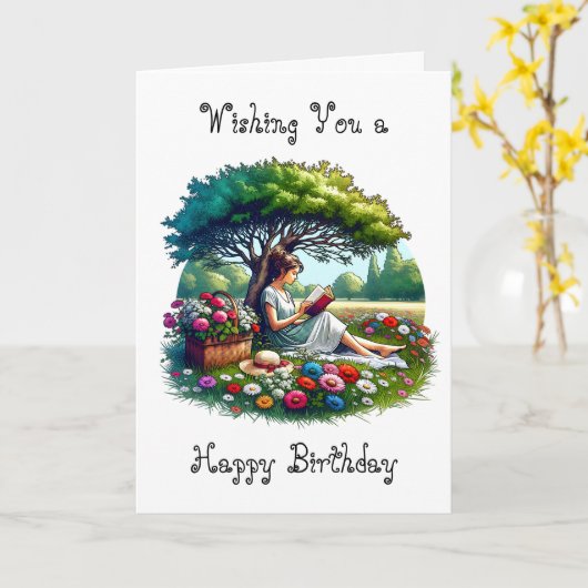 Lezen en Natuur thema Meisjes Verjaardag Kaart (Gele Bloem)