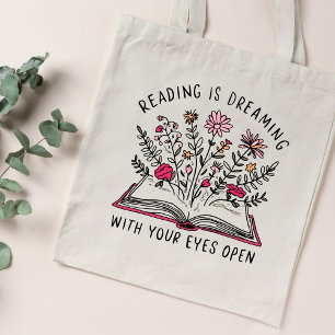 Lezen is dromen met het oog open boek minnaar cita tote bag