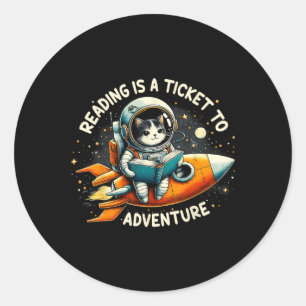 Lezen is een ticket voor avontuur astronaut kat ronde sticker