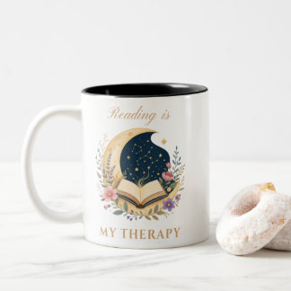 Lezen is mijn therapie Hemelse Maan & Sterren Boek Tweekleurige Koffiemok