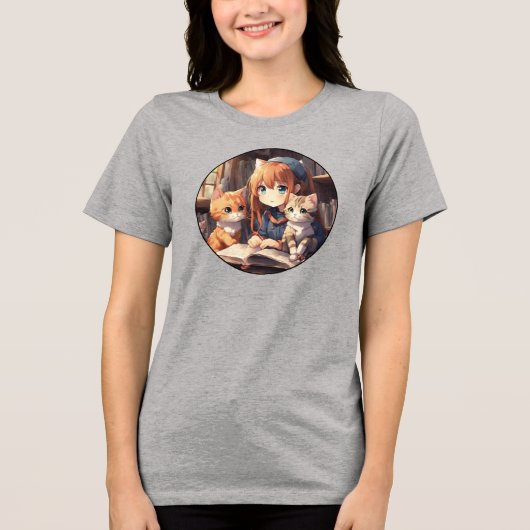 Lezen met katten Schattigee anime kitten zacht Tri-Blend Shirt (Voorkant)
