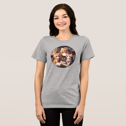 Lezen met katten Schattigee anime kitten zacht Tri-Blend Shirt (Voorkant volledig)