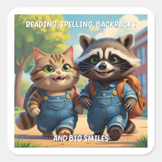 Lezen, spellen, rugzakken en glimlachen vierkante sticker (Voorkant)