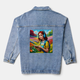 Lezend Meisje Met Hoofdtelefoon Kleurrijk Landscha Denim Jacket