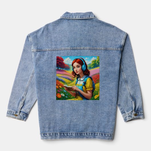 Lezend Meisje Met Hoofdtelefoon Kleurrijk Landscha Denim Jacket (Achterkant)