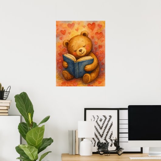 Lezende Beer in Love – Watercolor Art (Geen Tekst) Poster (Thuiskantoor)