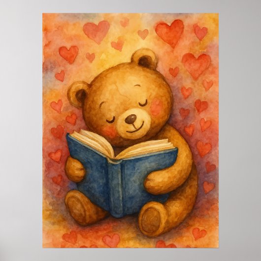 Lezende Beer Verliefd – Aquarel Kunst (Geen Tekst) Poster (Voorkant)