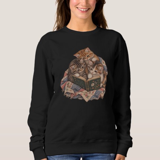 Lezende Kittens | Kat Boek Stapel, Cozy Plaid Trui (Voorkant)