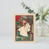 lezing 1909 vrouw omringd door boeken briefkaart (Staand voorkant)