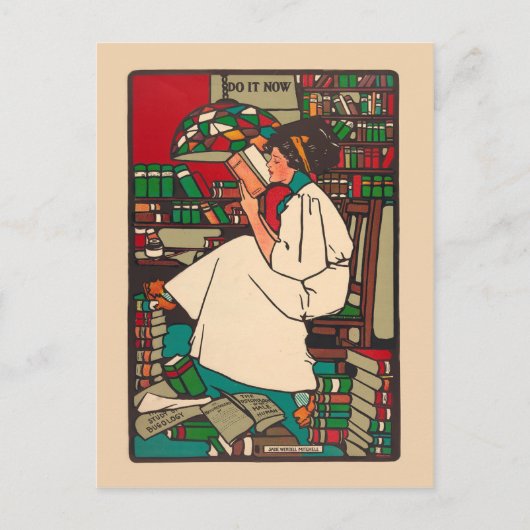 lezing 1909 vrouw omringd door boeken briefkaart (Voorkant)