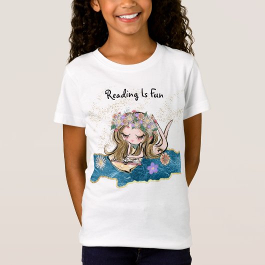 *~* LEZING IS FUN Bloemenmeisje Child Gold Blue T-shirt (Voorkant)