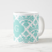 Lg Aqua Floral Damask 3 Aqua Quatrefoil Monogram Grote Koffiekop (Voorkant rechts)