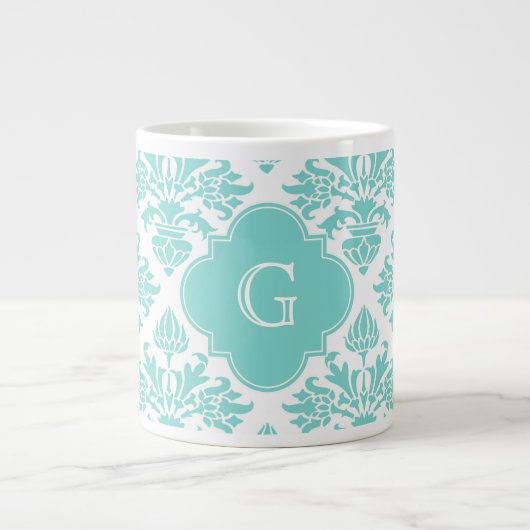 Lg Aqua Floral Damask 3 Aqua Quatrefoil Monogram Grote Koffiekop (Voorkant)
