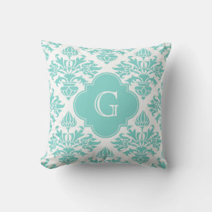 Lg Aqua Floral Damask 3 Aqua Quatrefoil Monogram Kussen