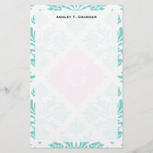 Lg Aqua Floral Damask #3 Roze Quatrefoil Monogram Briefpapier