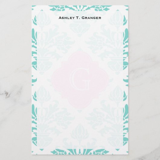 Lg Aqua Floral Damask #3 Roze Quatrefoil Monogram Briefpapier (Voorkant)