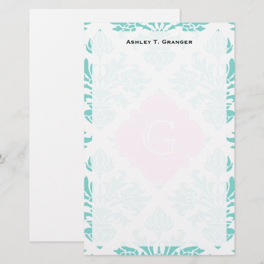 Lg Aqua Floral Damask #3 Roze Quatrefoil Monogram Briefpapier (Voorkant / Achterkant)
