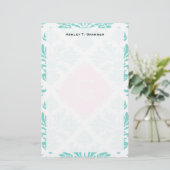 Lg Aqua Floral Damask #3 Roze Quatrefoil Monogram Briefpapier (Staand voorkant)