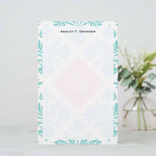Lg Aqua Floral Damask #3 Roze Quatrefoil Monogram Briefpapier (Staand voorkant)