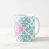 Lg Aqua Floral Damask #3 Roze Quatrefoil Monogram Koffiemok (Voorkant rechts)