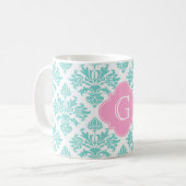 Lg Aqua Floral Damask #3 Roze Quatrefoil Monogram Koffiemok (Voorkant links)